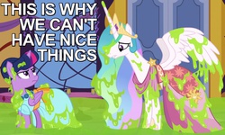 Size: 750x450 | Tagged: safe, edit, edited screencap, screencap, princess celestia, smooze, twilight sparkle, alicorn, pony, g4, make new friends but keep discord, caption, clothes, dress, duo, female, frown, gala dress, grand galloping gala, image macro, mare, meme, messy, reaction image, this is why we can't have nice things, twilight sparkle (alicorn)