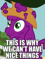 Size: 500x650 | Tagged: safe, edit, edited screencap, screencap, applejack, g4, sisterhooves social, caption, female, food, grape juice, grapes, hat, image macro, meme, messy, reaction image, solo, this is why we can't have nice things