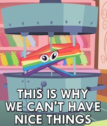 Size: 575x675 | Tagged: safe, screencap, scootaloo, g4, the show stoppers, accident, candy, caption, image macro, machine, meme, messy, pulling, rainbow, reaction image, sugarcube corner, taffy, taffy puller, this is why we can't have nice things