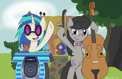 Size: 1600x1035 | Tagged: safe, artist:toonboy92484, dj pon-3, octavia melody, vinyl scratch, earth pony, pony, unicorn, g4, slice of life (episode), cello, duo, duo female, female, hoof hold, horn, mare, musical instrument, vinyl and octavia's home