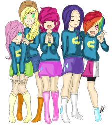 Size: 798x889 | Tagged: safe, applejack, fluttershy, pinkie pie, rainbow dash, rarity, human, equestria girls, g4, base used, clothes, denim skirt, humane five, missing shoes, skirt, socks, wondercolts