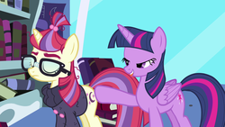 Size: 1600x900 | Tagged: safe, screencap, moondancer, twilight sparkle, alicorn, pony, amending fences, g4, book, bookshelf, butt touch, hoof on butt, lidded eyes, out of context, shipping fuel, tongue out, twilight sparkle (alicorn), twilight's canterlot home