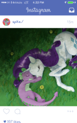 Size: 640x1018 | Tagged: safe, artist:m0on13aby, rarity, spike, dragon, pony, unicorn, g4, 420, cute, eyes closed, female, flower, grass, instagram, interspecies, ios, iphone, male, raribetes, ship:sparity, shipping, sleeping, spikabetes, straight