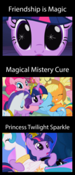 Size: 1796x4185 | Tagged: safe, edit, edited screencap, screencap, applejack, fluttershy, pinkie pie, princess celestia, princess luna, rainbow dash, rarity, twilight sparkle, alicorn, pony, friendship is magic, g4, magical mystery cure, princess twilight sparkle (episode), crown, female, mane six, mare, misspelling, spark, text, twilight sparkle (alicorn), wide eyes