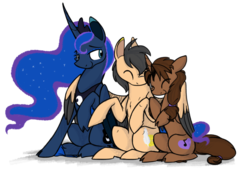 Size: 1024x706 | Tagged: safe, artist:selective-yellow, princess luna, oc, oc:playbitz, oc:siren bliss, alicorn, pegasus, pony, unicorn, g4, cloven hooves, hug, polyamory, simple background, sirenbitz, sitting, smiling, transparent background, winghug