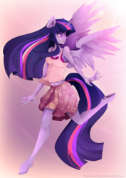 Size: 3000x4240 | Tagged: safe, artist:thenornonthego, twilight sparkle, alicorn, anthro, unguligrade anthro, g4, belly button, bra, clothes, female, floral print, human facial structure, looking back, mare, midriff, pink underwear, skirt, solo, tail, tank top, twilight sparkle (alicorn), underhoof, underwear, wings