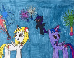 Size: 878x690 | Tagged: safe, artist:ask-luciavampire, oc, oc only, oc:lucia nightblood, oc:nyx, alicorn, pony, vampire, vampony, tumblr:ask-luciavampire, alicorn oc, blank flank, blue background, female, filly, fireworks, flying, foal, group, mare, simple background, sisters, traditional art, trio, trio female, tumblr, two toned magic