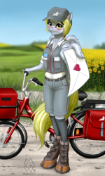 Size: 3000x5000 | Tagged: safe, artist:mykegreywolf, derpy hooves, anthro, unguligrade anthro, g4, bicycle, clothes, dirt road, female, hoof boots, letter, looking at you, mailmare, solo, sunflower, uniform