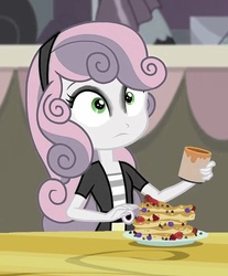 Size: 556x673 | Tagged: safe, anonymous artist, edit, edited screencap, screencap, sweetie belle, equestria girls, g4, my little pony equestria girls: rainbow rocks, blueberry, eyeliner, eyeshadow, female, food, frown, goth, makeup, meanie belle, needs more jpeg, pancakes, solo, strawberry, wide eyes