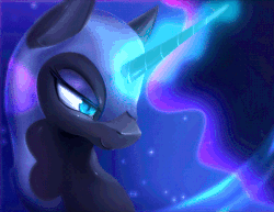 Size: 600x463 | Tagged: safe, artist:rodrigues404, nightmare moon, pony, g4, animated, bedroom eyes, epic, female, glowing horn, horn, magic, mare, portrait, pretty, smiling, solo