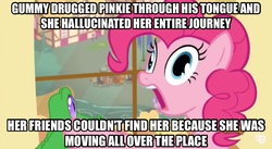 Size: 926x507 | Tagged: safe, edit, edited screencap, screencap, gummy, pinkie pie, prince rutherford, sea swirl, seafoam, pony, yak, g4, party pooped, female, headcanon, image macro, mare, meme, solo, theory