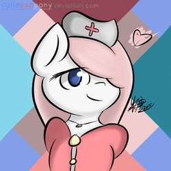 Size: 800x800 | Tagged: safe, artist:cutiepoppony, nurse redheart, g4, clothes, hair over one eye, hat, heart, nurse