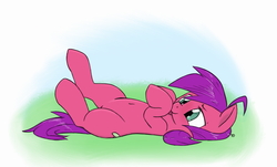 Size: 1226x739 | Tagged: safe, artist:trickydick, oc, oc only, oc:top shelf, earth pony, pony, belly, cute, female, hooves to the chest, lying down, mare, on back, solo