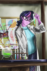 Size: 1000x1500 | Tagged: safe, artist:d-lowell, sci-twi, twilight sparkle, equestria girls, g4, my little pony equestria girls: rainbow rocks, clothes, female, lab coat, looking at something, pie chart, science, solo, test tube