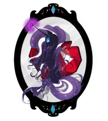 Size: 808x900 | Tagged: safe, alternate version, artist:m0on13aby, nightmare rarity, pony, unicorn, g4, female, fire ruby, frame, glowing horn, horn, looking at you, looking back, mare, mirror, solo