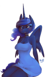 Size: 1200x1870 | Tagged: safe, artist:glacierclear, artist:php7, princess luna, anthro, g4, blushing, cleavage, clothes, dress, female, simple background, solo