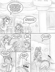 Size: 700x922 | Tagged: safe, artist:akuoreo, pinkie pie, spike, dragon, earth pony, pony, g4, bouncy castle, comic, imminent inflation, monochrome, sketch, traditional art