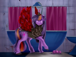 Size: 1024x768 | Tagged: safe, artist:crux9011, twilight sparkle, changeling, changeling queen, hybrid, fanfic:for the hive, fanfic:of the hive, g4, bathroom, changeling queen twilight, changelingified, cloven hooves, color change, curved horn, egg, fanfic, fanfic art, fanfic cover, female, holeless, horn, moth wings, queen twilight, realistic horse legs, slit pupils