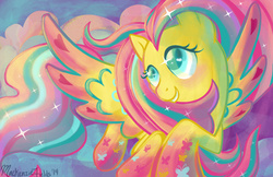 Size: 1280x828 | Tagged: safe, artist:ghostlymuse, fluttershy, g4, female, rainbow power, smiling, solo, spread wings