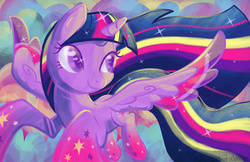 Size: 1280x828 | Tagged: safe, artist:ghostlymuse, twilight sparkle, alicorn, pony, g4, female, flying, mare, rainbow power, solo, spread wings, twilight sparkle (alicorn)