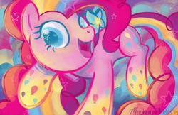 Size: 1280x828 | Tagged: safe, artist:ghostlymuse, pinkie pie, earth pony, pony, g4, twilight's kingdom, bow, colored pupils, cute, diapinkes, female, hair bow, happy, open mouth, rainbow power, rainbow power-ified, solo, stars