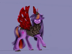 Size: 1024x768 | Tagged: safe, artist:crux9011, twilight sparkle, changeling, changeling queen, hybrid, fanfic:for the hive, fanfic:of the hive, g4, changeling queen twilight, changelingified, cloven hooves, color change, curved horn, fanfic, fanfic art, fanfic cover, female, holeless, horn, moth wings, purple background, queen twilight, realistic horse legs, simple background, slit pupils, solo, twiling