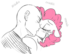 Size: 1257x927 | Tagged: safe, artist:xieril, pinkie pie, oc, oc:anon, human, pony, g4, anonymous, human male, human male on mare, human on pony action, interspecies, kiss on the lips, kissing, male, mwah, straight