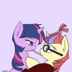 Size: 1000x1000 | Tagged: dead source, safe, artist:thattagen, moondancer, twilight sparkle, amending fences, g4, blushing, female, lesbian, pocky, pocky game, ship:twidancer, shipping, simple background