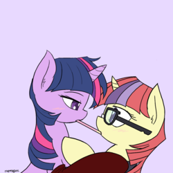 Size: 1000x1000 | Tagged: safe, artist:thattagen, moondancer, twilight sparkle, pony, unicorn, amending fences, g4, blushing, clothes, female, glasses, lesbian, mare, pocky, pocky game, ship:twidancer, shipping, simple background