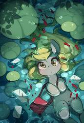 Size: 1015x1476 | Tagged: safe, artist:huaineko, derpy hooves, pegasus, pony, g4, cute, derpabetes, female, lake, letter, looking at you, mail, mailbag, mailmare, mare, pixiv, solo