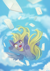 Size: 874x1240 | Tagged: safe, artist:huaineko, derpy hooves, pegasus, pony, g4, cloud, cloudy, cute, derpabetes, falling, female, letter, mail, mare, pixiv, solo, underhoof