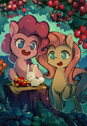 Size: 600x873 | Tagged: safe, artist:huaineko, fluttershy, pinkie pie, earth pony, pegasus, pony, rabbit, g4, berry, duo, duo female, female, food, happy, pixiv, raised hoof, tree stump