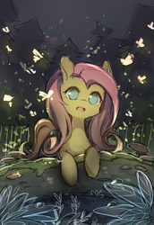 Size: 1015x1476 | Tagged: safe, artist:huaineko, fluttershy, firefly (insect), pony, g4, cute, female, forest, happy, mare, night, open mouth, pixiv, shyabetes, solo