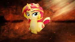 Size: 2560x1440 | Tagged: safe, artist:rdbrony16, artist:theshadowstone, sunset shimmer, pony, unicorn, g4, abstract background, alternate hairstyle, crystal sunset, crystallized, female, mare, smiling, solo, space, stars, vector, wallpaper