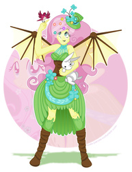 Size: 1280x1656 | Tagged: safe, artist:cute-panda-co, angel bunny, fluttershy, equestria girls, g4, artificial wings, augmented, clothes, dress, gala dress, hat, mechanical wing, steampunk, wings