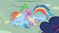 Size: 512x288 | Tagged: safe, edit, edited screencap, screencap, rainbow dash, spike, twilight sparkle, alicorn, pony, friendship is magic, g4, party pooped, animated, female, floppy ears, flying, gritted teeth, laughing, lidded eyes, mare, open mouth, prone, smirk, spikelove, twilight sparkle (alicorn)