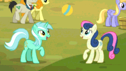 Size: 502x285 | Tagged: safe, screencap, bon bon, caramel, carrot top, cloud kicker, golden harvest, lucky clover, lyra heartstrings, sweetie drops, earth pony, pegasus, pony, unicorn, g4, party pooped, adorabon, animated, ball, best friends, bon bon is amused, cropped, cute, duo focus, female, happy, lyra is amused, lyrabetes, male, mare, playing, smiling, stallion