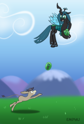 Size: 675x1000 | Tagged: safe, artist:empyu, cranky doodle donkey, queen chrysalis, changeling, changeling queen, donkey, nymph, g4, egg, female, mommy chrissy