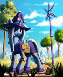 Size: 1600x1939 | Tagged: safe, artist:sceathlet, trixie, pony, unicorn, g4, bottle, clothes, compass, female, hat, mare, mountain, pouch, saddle bag, scroll, solo, staff, tree, trixie's cape, trixie's hat, wizard hat