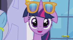 Size: 800x449 | Tagged: safe, edit, edited screencap, screencap, minuette, spike, twilight sparkle, alicorn, dragon, pony, unicorn, amending fences, g4, animated, blinking, cute, discovery family logo, eye shimmer, female, floppy ears, frown, inverted mouth, leaning, looking at you, looking up, male, mare, open mouth, shutter shades, smiling, sunglasses, twiabetes, twilight sparkle (alicorn)