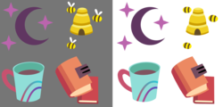 Size: 2500x1200 | Tagged: safe, artist:cheezedoodle96, booksmart, honey lemon, moondancer, morning roast, bee, g4, .svg available, beehive, book, coffee mug, cup, cutie mark, librarian, moon, simple background, stars, svg, transparent background, vector