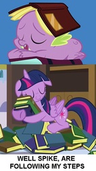 Size: 401x709 | Tagged: safe, edit, edited screencap, screencap, spike, twilight sparkle, alicorn, dragon, pony, amending fences, g4, princess spike, book, cropped, eyes closed, female, grammar error, male, mama twilight, mare, meme, princess sleeping on books, sleeping, twilight sparkle (alicorn)