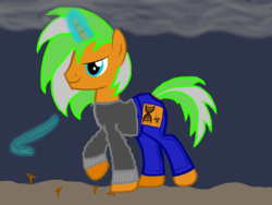 Size: 1412x1062 | Tagged: safe, oc, oc only, oc:mecharite deoxy, fallout equestria, clothes, crowbar, jacket, jeans, wasteland