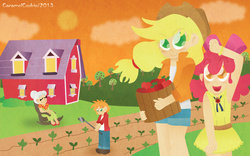 Size: 1280x800 | Tagged: safe, artist:caramelcookie, apple bloom, applejack, big macintosh, granny smith, human, g4, armpits, clothes, dress, hoe (tool), humanized, sweet apple acres