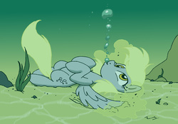 Size: 1475x1026 | Tagged: safe, artist:jbwarner86, derpy hooves, pegasus, pony, g4, blowing bubbles, bubble, crepuscular rays, female, flowing mane, flowing tail, looking up, lying down, mare, ocean, rock, sand, seabed, seaweed, solo, spread wings, sunlight, tail, underwater, water, wings