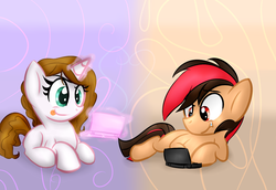 Size: 1024x705 | Tagged: safe, artist:lbrcloud, oc, oc only, earth pony, pony, unicorn, 3ds, :p, couple, female, looking down, magic, male, prone, smiling, tongue out, video game