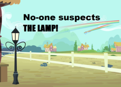 Size: 916x664 | Tagged: safe, edit, edited screencap, screencap, rainbow dash, the lone lampman, g4, amityville 4: the evil escapes, caption, fence, lamp, lamppost, phelous, possessed, rainbow trail, reference, sky