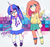 Size: 500x466 | Tagged: safe, artist:mori, fluttershy, twilight sparkle, human, g4, clothes, glasses, horn, horned humanization, humanized, pixiv, skirt, sweatershy, winged humanization