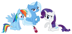 Size: 9921x4755 | Tagged: safe, artist:cultleaderfluttershy, rainbow dash, rarity, trixie, pegasus, pony, unicorn, g4, absurd resolution, bottle, female, implied lesbian, looking at you, mare, simple background, sitting, spin the bottle, transparent background, trio, vector, wine