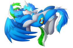 Size: 1280x851 | Tagged: safe, artist:oddends, oc, oc only, oc:blue frost, oc:burnout, pegasus, pony, unicorn, advertisement, blushing, gay, male, open mouth, shipping, smiling, snuggling, ych result